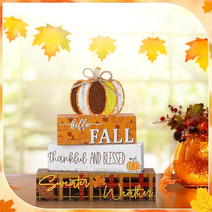 Geelin 4 Pcs Thanksgiving Decorations Fall Wooden Sign Pumpkin Tiered Tray - Image 3