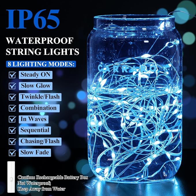 Lakumu 32FT Blue Fairy Lights, Rechargeable Battery Operated LED String Lights - Image 5