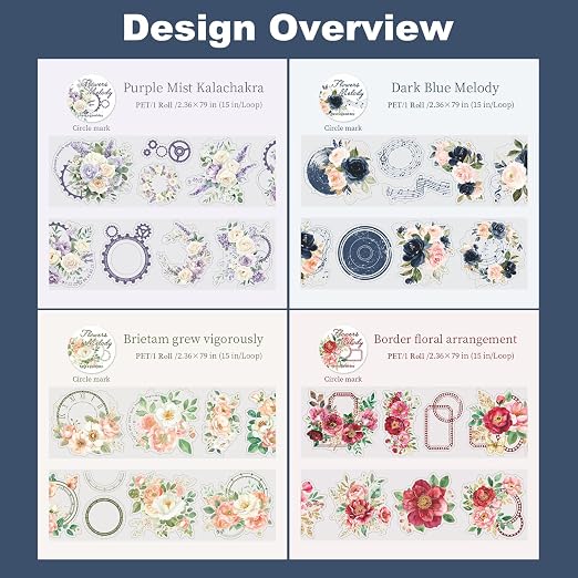PET Tape Stickers Set with Metal Clip, 4 Rolls Precut Floral Music Decorative - Image 4