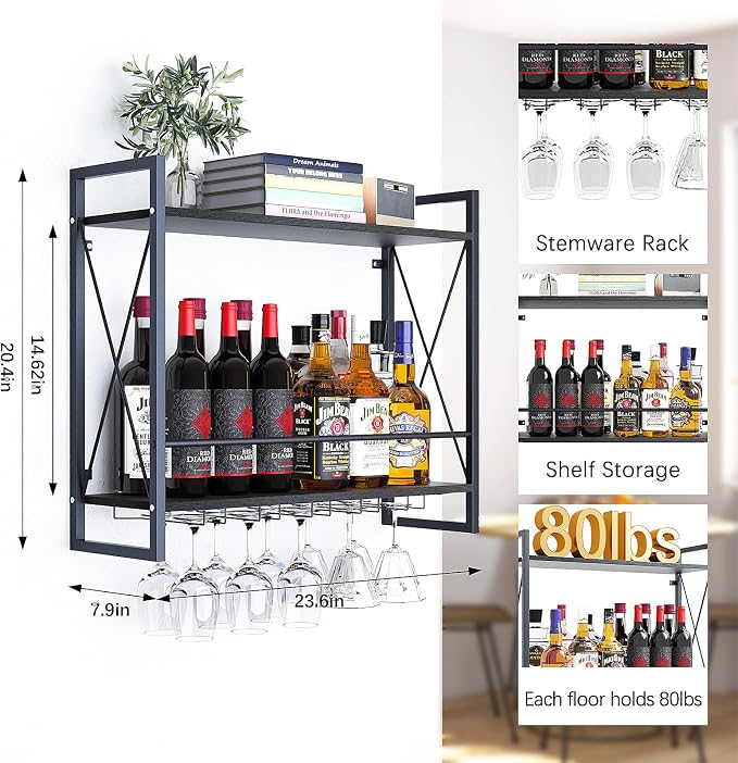 Dokser Wine Rack Wall Mounted 2 Tier Shelf, Wall Wine Rack - Image 2