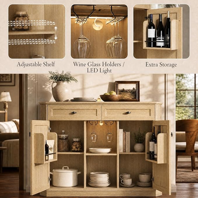 Natural Oak Coffee Bar with 2 Drawers & 2 Doors, LED Wine Bar Cabinet with Wine - Image 5
