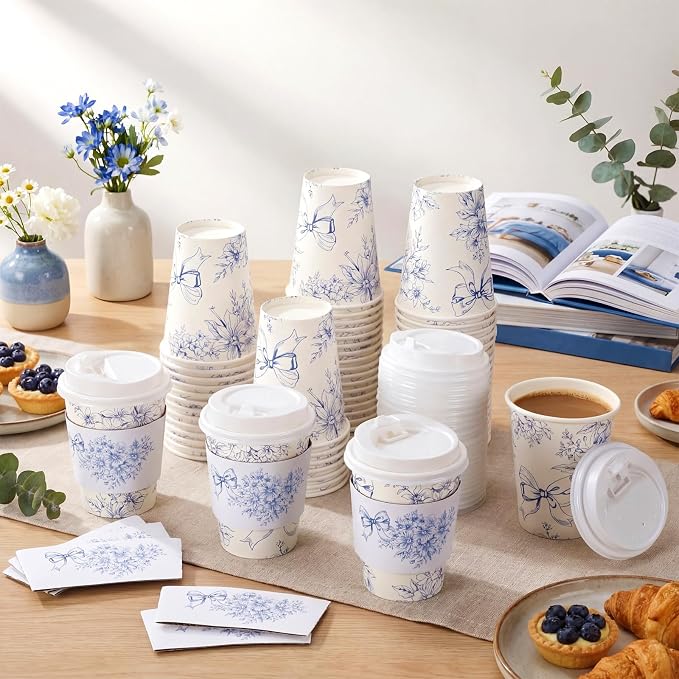 Vesici 60 Set 14oz Blue Bow Floral Disposable Coffee Cups - Image 4