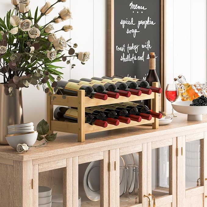 Giantex Bamboo Wine Rack, 2 Tier 12 Bottle Wine Storage Cabinet Shelf, Small - Image 2