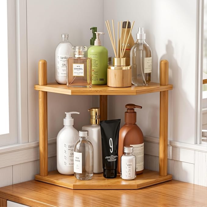 2-Tier Expandable Bamboo Corner Shelf - Image 2