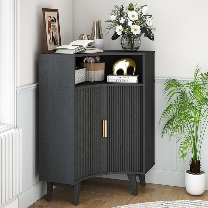 Fluted Corner Cabinet with Open Storage, Modern Floor Cabinets with Sliding - Image 3