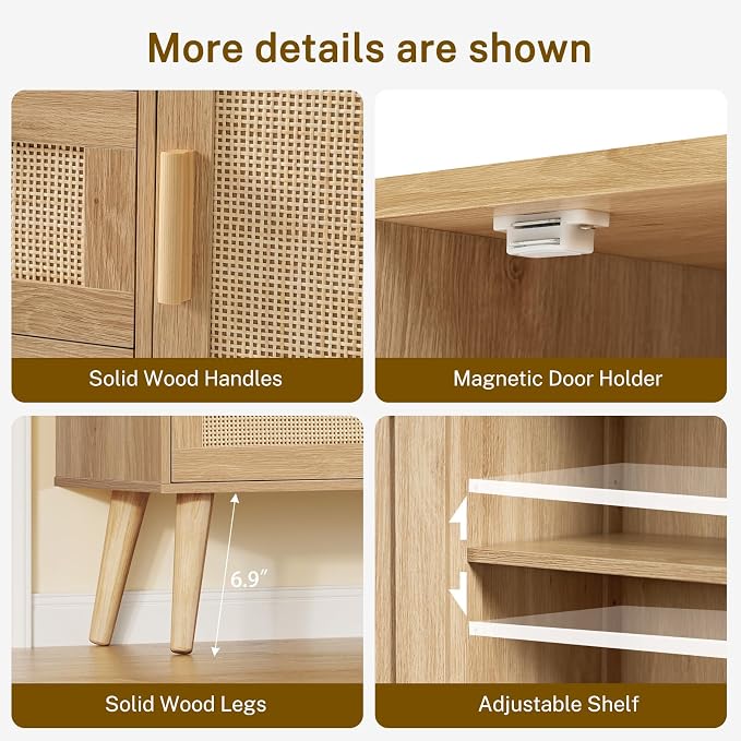 TEENFON Storage Cabinet with Rattan Door & 3 Drawers, Rattan Cabinet with - Image 8