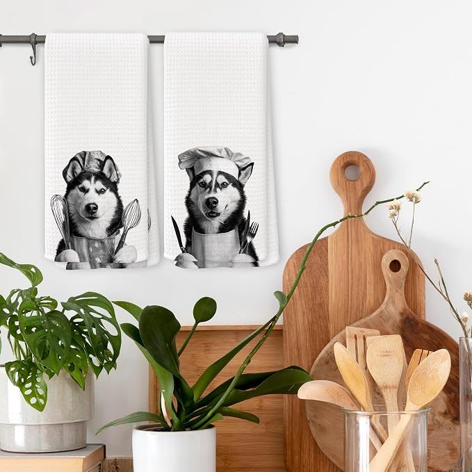 Funny Chef Siberian Husky Kitchen Towels Set of 2, Husky Lovers Gifts Dish Tea - Image 2