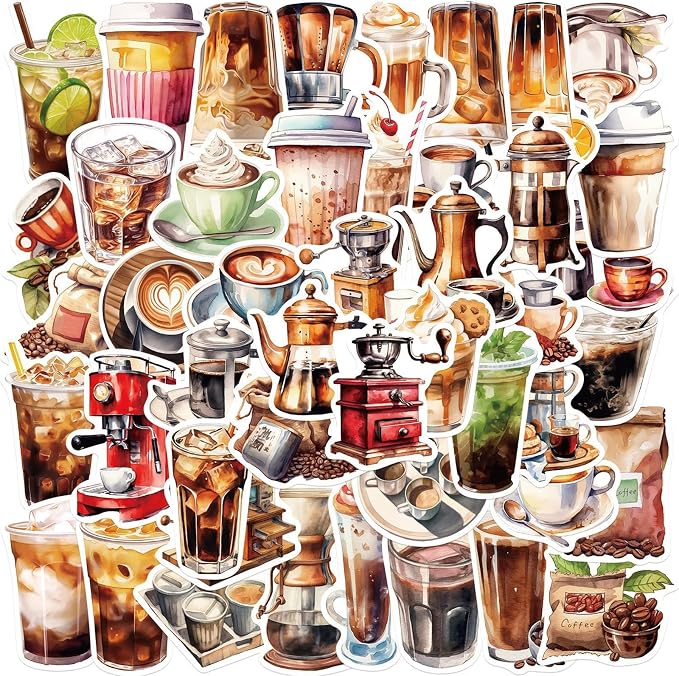 50pcs Retro Coffee Stickers for Coffee Lover Scrapbooking Journaling Junk by Unknown
