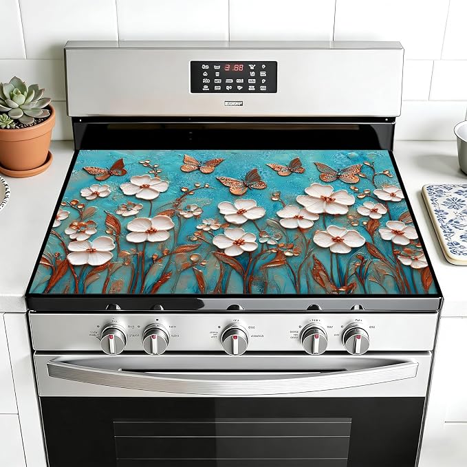 Turquoise Butterfly Floral Stove Top Cover 28.3 x 20.5 Inches, Heat Resistant by KKYEJLQYI