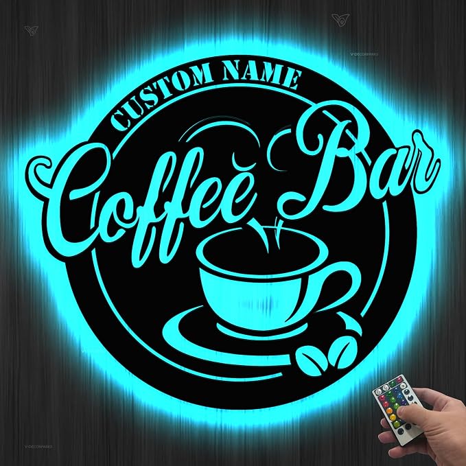 Coffee Bar Metal Wall Art LED Lights, Café Lover LED Custom Name Sign - Image 3