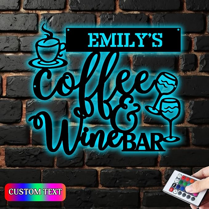 Personalized Coffee & Wine Bar Metal Wall Art, Art Deco Style, LED Lights - Image 2