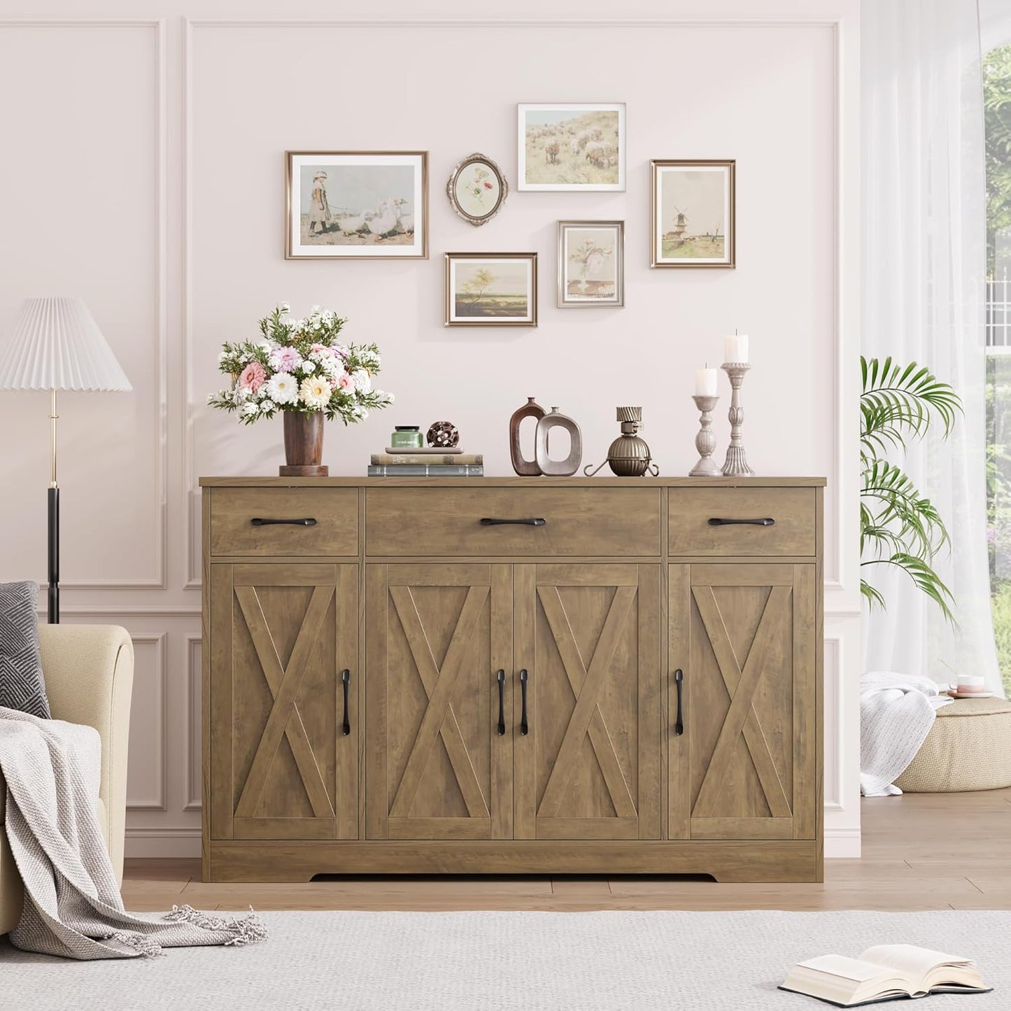 HOSTACK Buffet Sideboard Cabinet with Drawers, 55" Large Buffet Storage Cabinet with Shelves and Doors, Modern Farmhouse Coffee Bar Station Wood Kitchen Table for Kitchen, Dining Room, Rustic Brown
