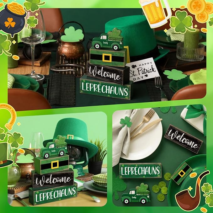 Lineshading 4 Pcs St Patricks Day Table Decor Leprechaun Wooden Stacked Blocks - Image 6