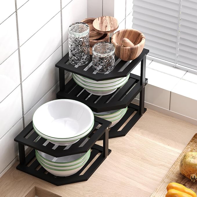 VERTORGAN Bamboo Corner Shelf, 2 Tier Plate Organizer - Image 5