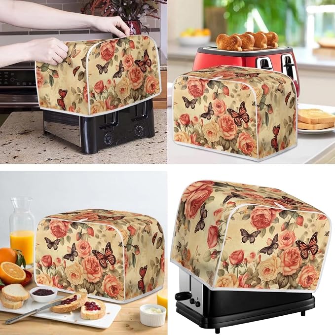 doginthehole Toaster Cover 2 Slice and Blender Dust Cover Retro Peony Butterfly - Image 2