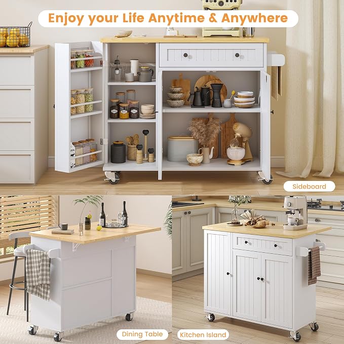Bigbiglife Kitchen Island with Drop Leaf, Island Table on Wheels with Storage - Image 3