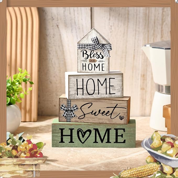 Moucuny 4 Pcs Wooden Farmhouse Table Decor Rustic Home Sweet Home Stacked - Image 5