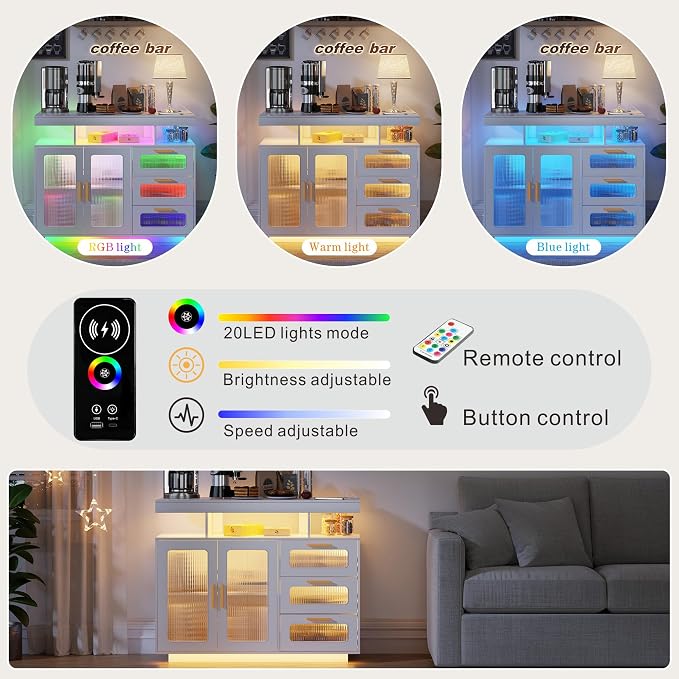HWB Coffee Bar Cabinet with Storage, Buffet Sideboard with RGB Light, Modern - Image 3