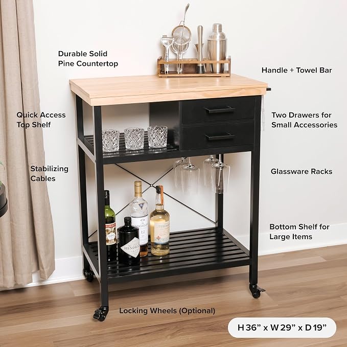 Kitchen Island Cart with Storage – Solid Wood Rolling Coffee Cart with Pine Top - Image 4