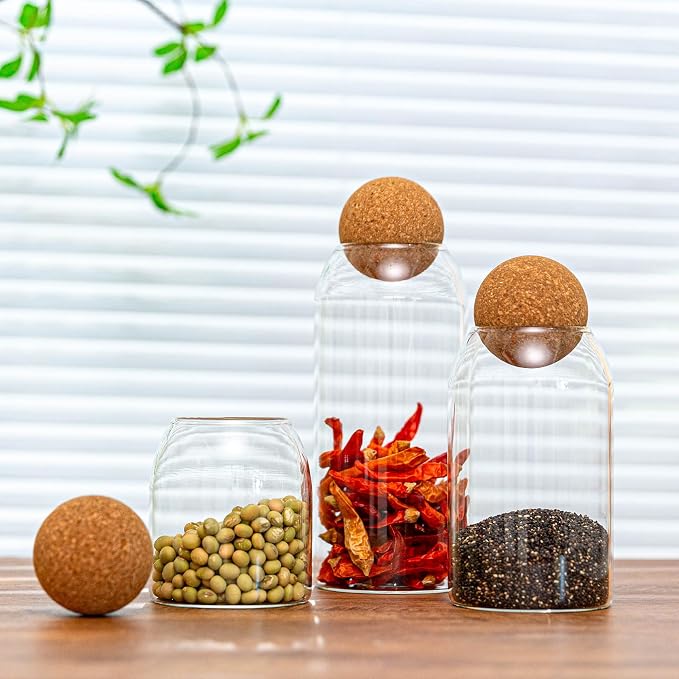 3 Pcs Glass Storage Jars with Cork Ball Lids - Image 2