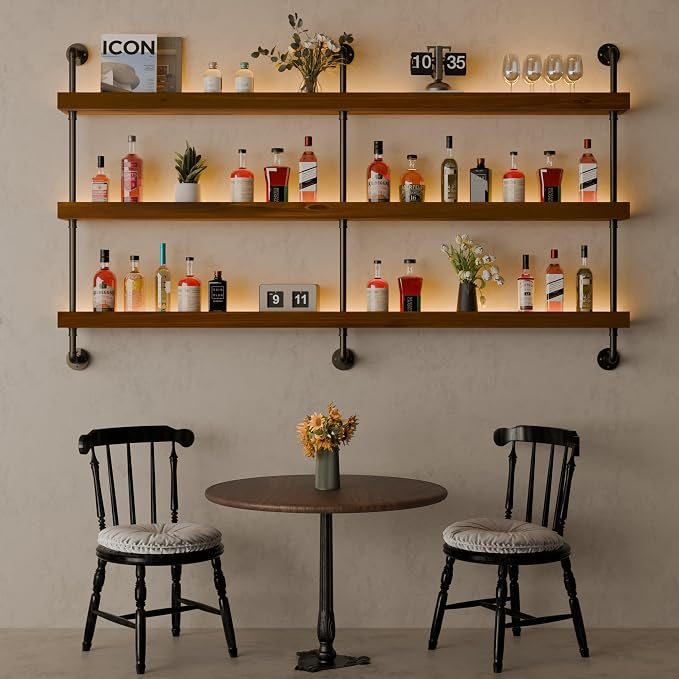 Wall Mounted Wine Rack with LED Light, LED Industrial Pipe Wine Shelf, 3-Tier - Image 9