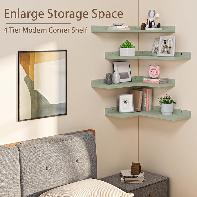 4 Tier Floating Corner Shelves Cyan Set of 4, Rustic Pine Wooden Floating - Image 5