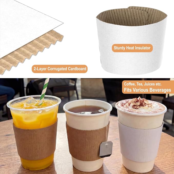 White Coffee Sleeves For 10 to 20 oz. Cups, Disposable Corrugated Cardboard - Image 3
