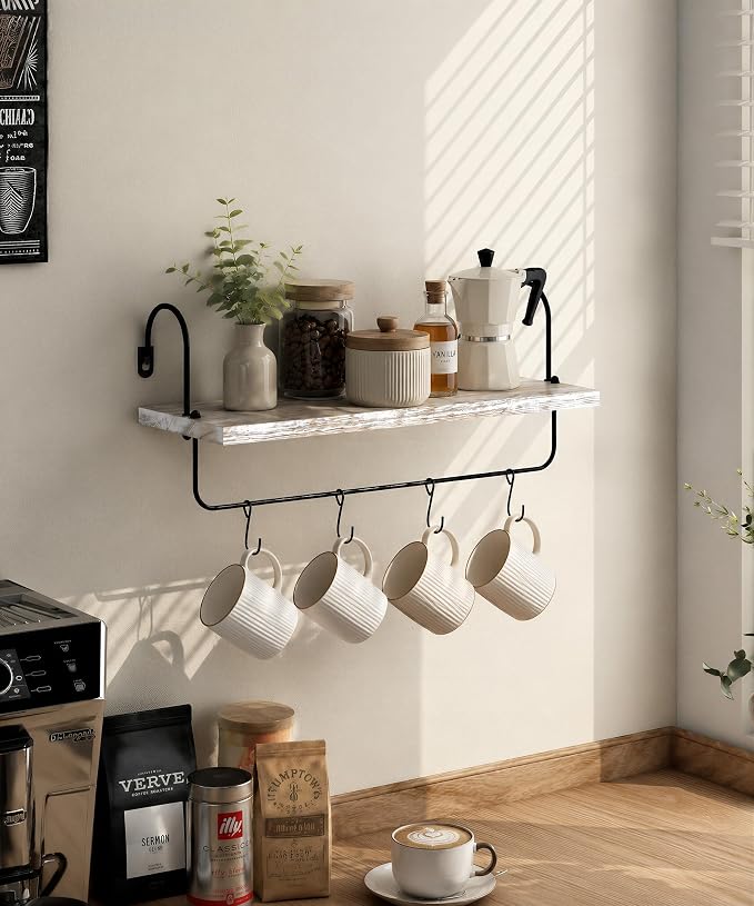 Wall Mount Floating Shelves, Wooden Coffee Bar Hanging Storage Shelf Rustic Cup - Image 2