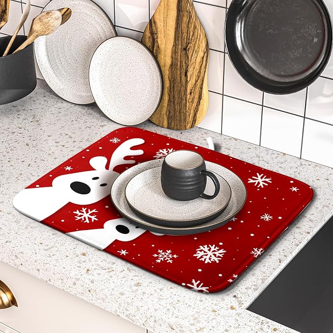 Christmas Reindeer Dish Drying Mats 16x18 Inch, Xmas Funny Deer Red Absorbent - Image 5