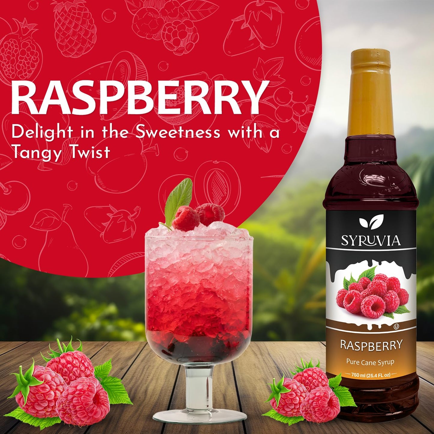 Syruvia Premium Raspberry Syrup - 25.4 fl oz Kosher Best For Drinks, Dessert, Soda, Smoothies, Gluten-Free, Non-GMO Flavor