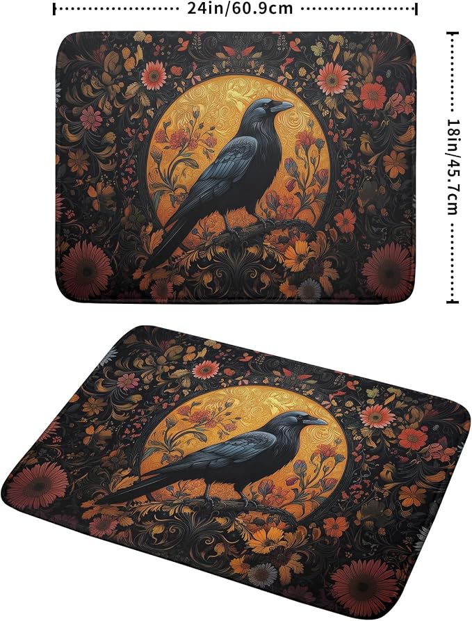Giwawa Vintage Crow Dish Drying Mat 18"x24" Gothic Black Raven Boho Flowers - Image 2