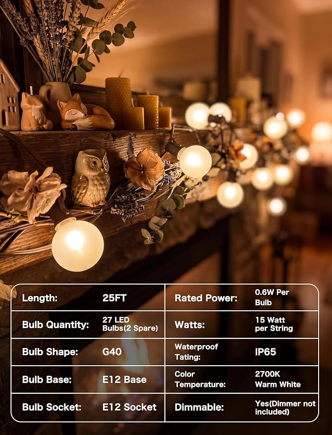 25FT Brown Outdoor String Lights, Shatterproof LED Globe String Lights - Image 7