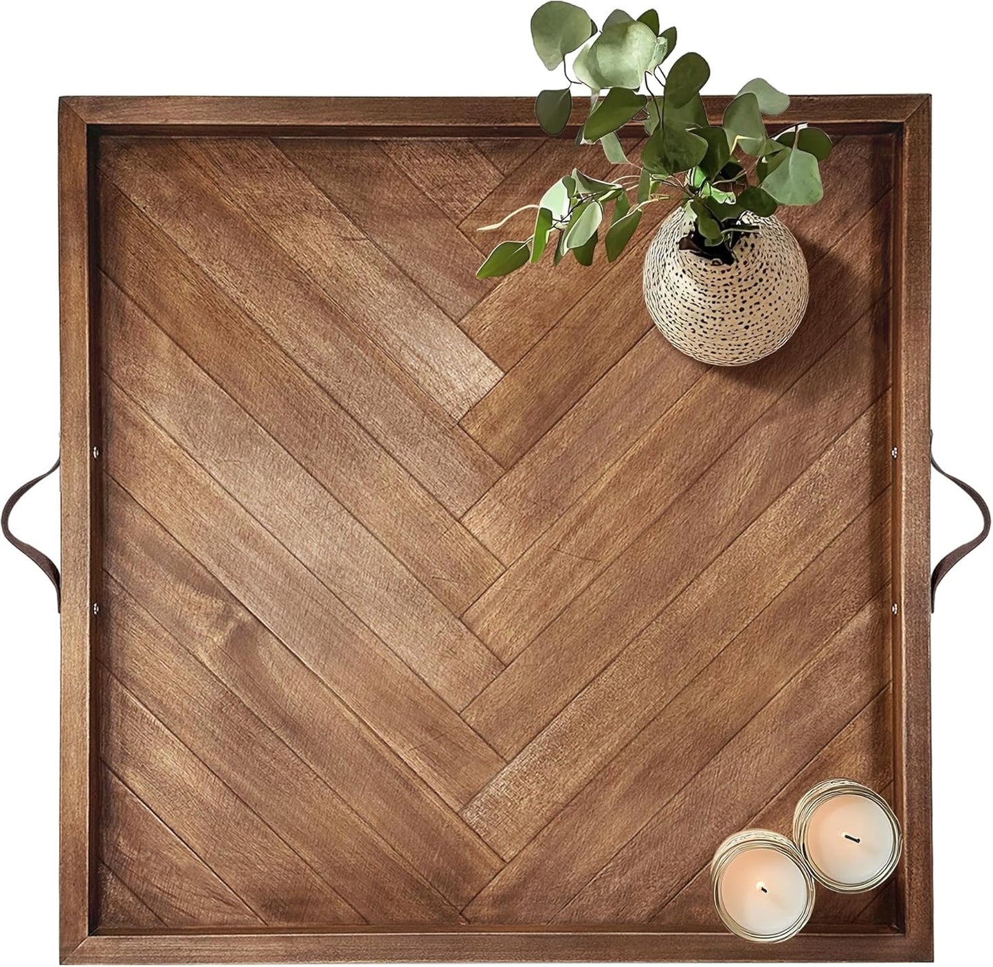 Tray for Ottoman 24 x 24 Inches, Square Ottoman Trays, Large Wooden Tray with Leather Handles, Food Serving Trays for Dinner, Breakfast, Snacks