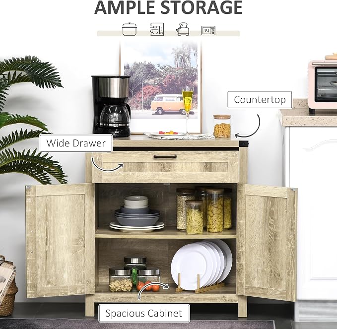 HOMCOM Sideboard with Storage Drawer, Modern Farmhouse Kitchen Cabinet with 2 - Image 4