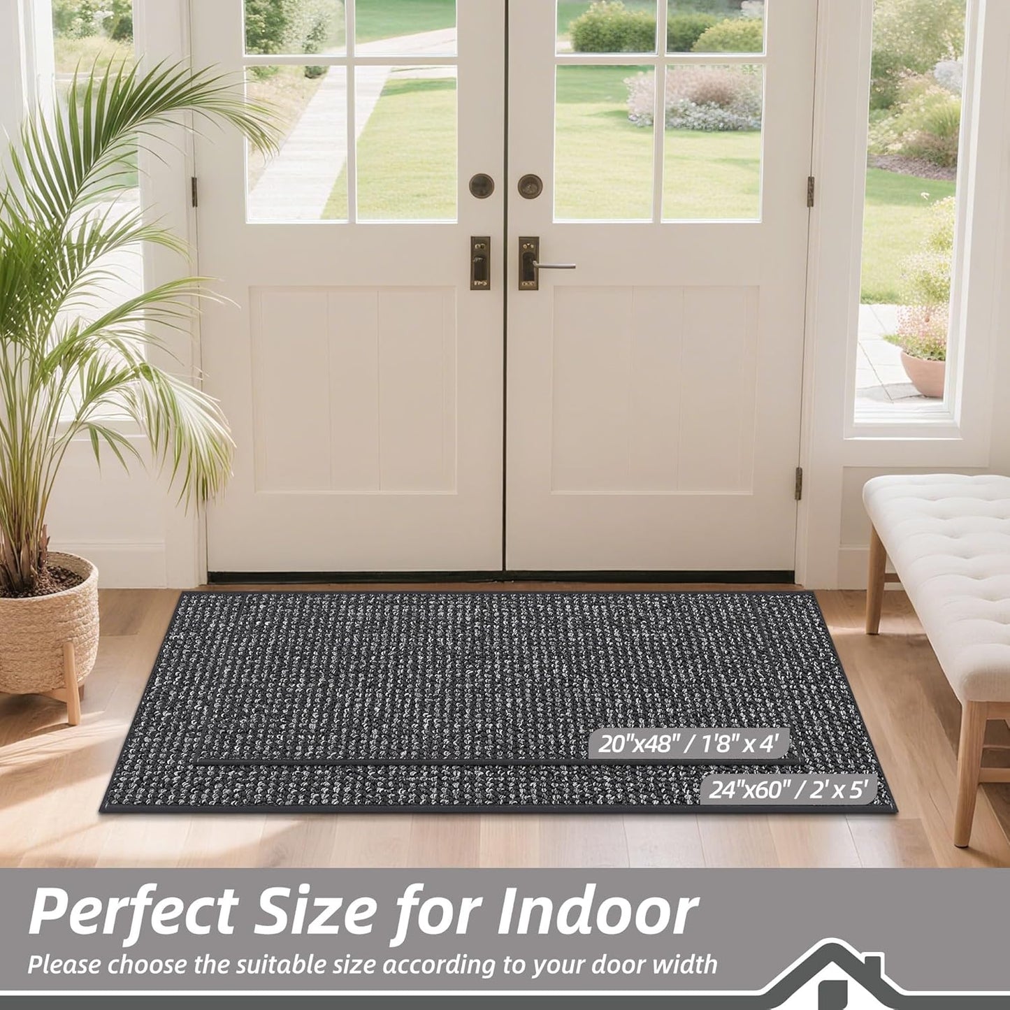 BEQHAUSE Dirt Trapper Door Mat 20" x 48", Non-Slip Washable Doormats Entrance Mat, Dirt Resistant and Absorbent Welcome Mat, Low Profile Floor Mats for Front Back Door and Entryway, Charcoal