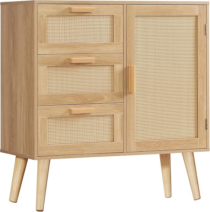 TEENFON Storage Cabinet with Rattan Door & 3 Drawers, Rattan Cabinet with by TEENFON