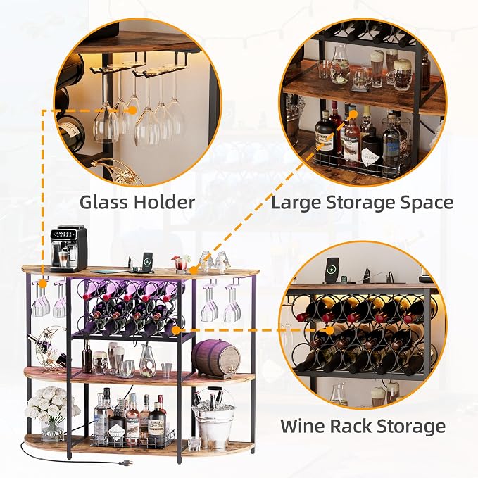 VICTONE Wine Bar Cabinet with LED Lights and Power Outlets, Freestanding Liquor - Image 5