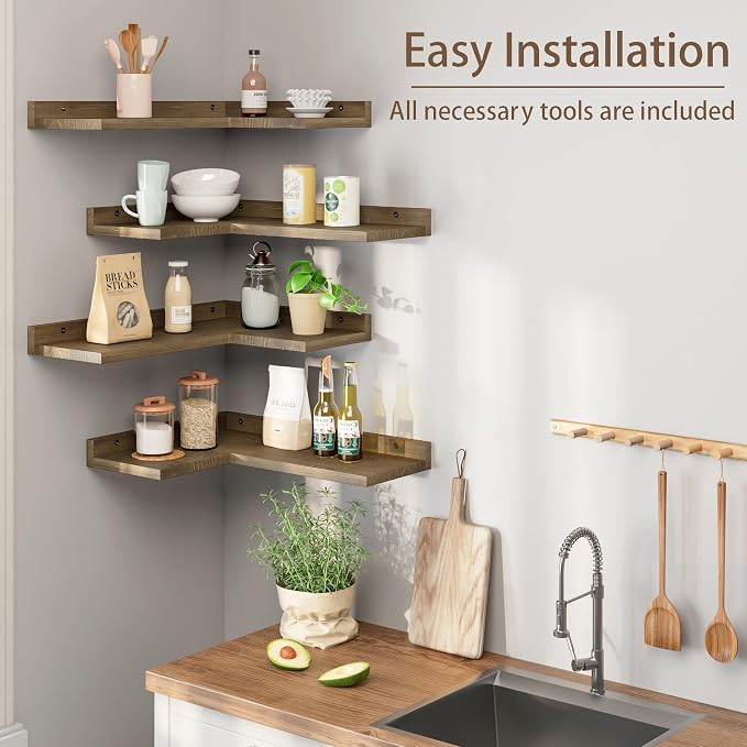 Floating Corner Shelves Set of 4, Rustic Pine Wooden Floating Corner Wall Shelf - Image 3