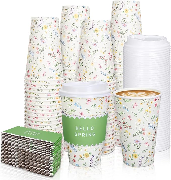 Whaline 50 Pcs Spring Floral Disposable Coffee Cups by Whaline