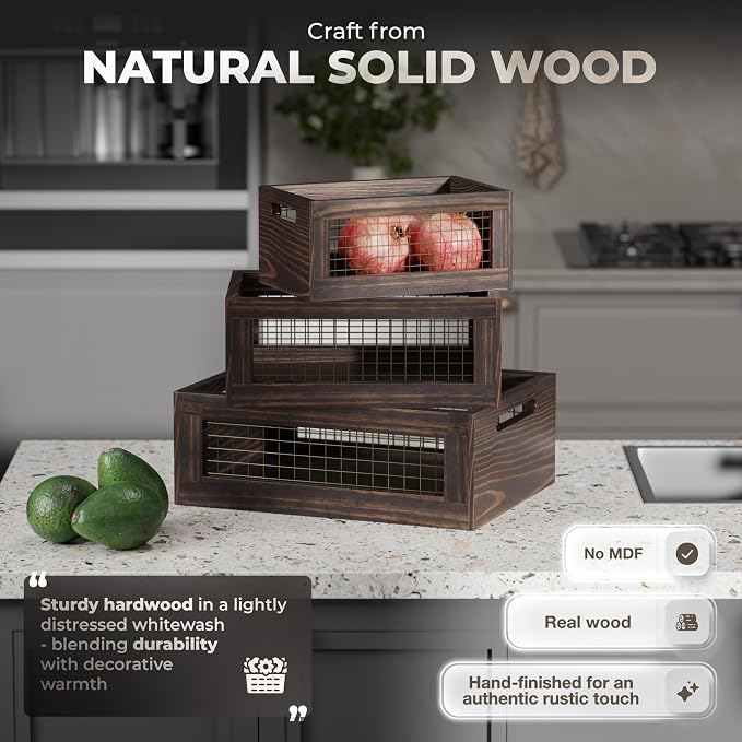 Set of 3 Extra Large Wooden Nesting Countertop Baskets, Rustic Wood Storage - Image 2