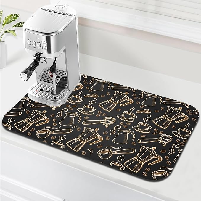 Black and Gold Coffee Tool Coffee Drying Mat 12" x 19", Absorbent Waterproof by Yovirinto