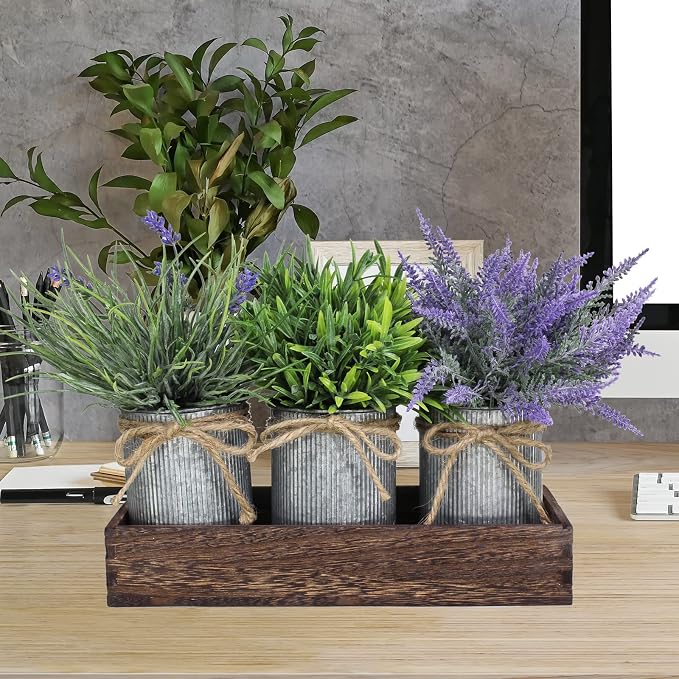 Set of 3 Small Potted Plants Arrangement Artificial Lavender and Grass Plants - Image 5