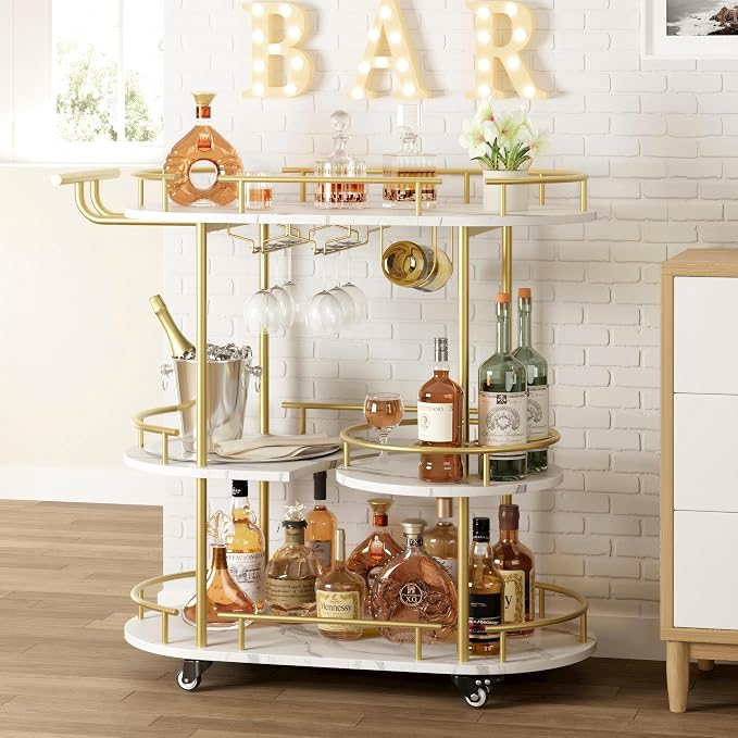 Garvee Bar Serving Cart with Wine Rack and Glass Holder, 3-Tier Rolling Serving by Garvee
