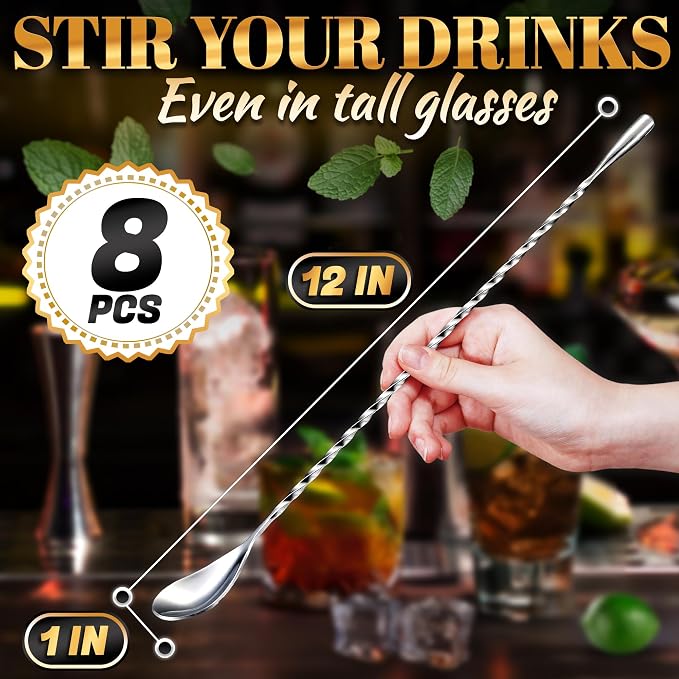 8 Pcs Bar Spoons Set – 12" Long Handle Drink Stirrer - Image 2