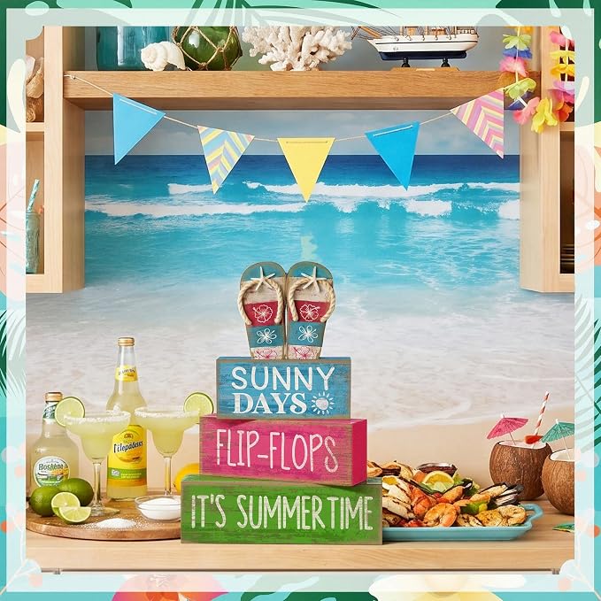 Lineshading 4 Pcs Summer Table Decorations Wooden Flip-flop Stacked Block Decor - Image 9