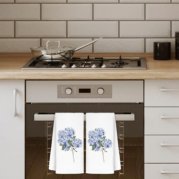 Light Blue Hydrangea Flowers Floral Kitchen Towels Set of 2 - Image 2