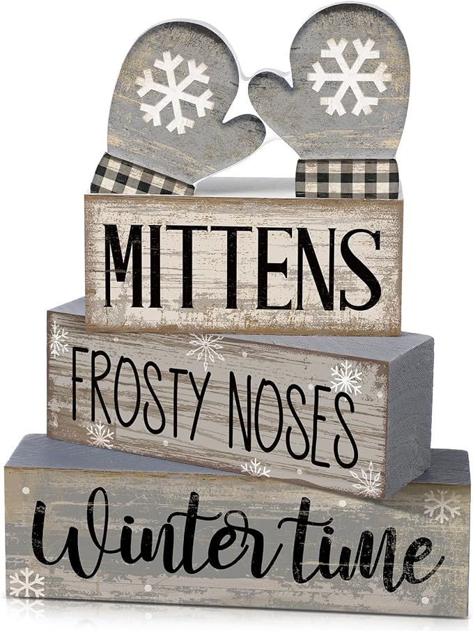 Lineshading 4 Pcs Winter Table Decorations Wooden Mittens Decor Winter Tiered by Lineshading