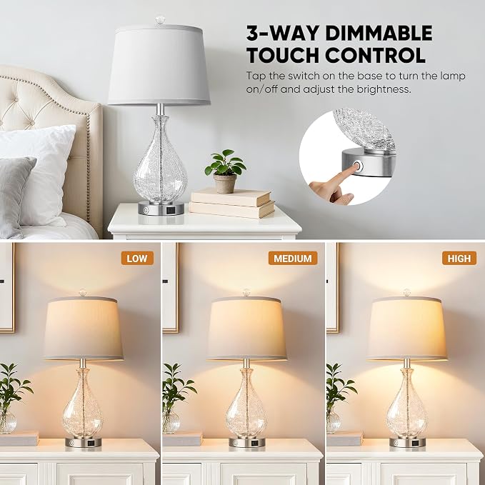 QiMH Glass Table Lamps for Living Room, Bedside Lamps Set of 2 - Image 2