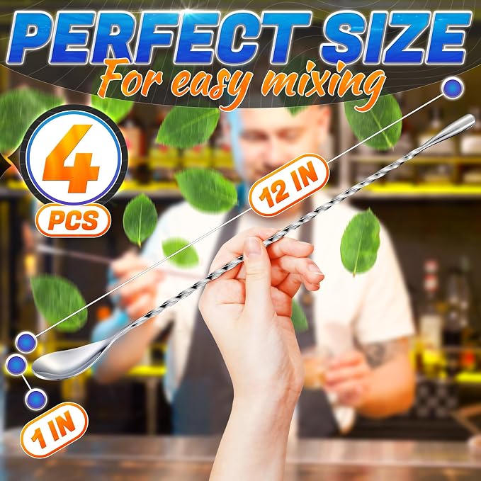 4 Pcs Bar Spoon Cocktail Mixing Spoon – 12'' Long Stainless Steel Cocktail - Image 2