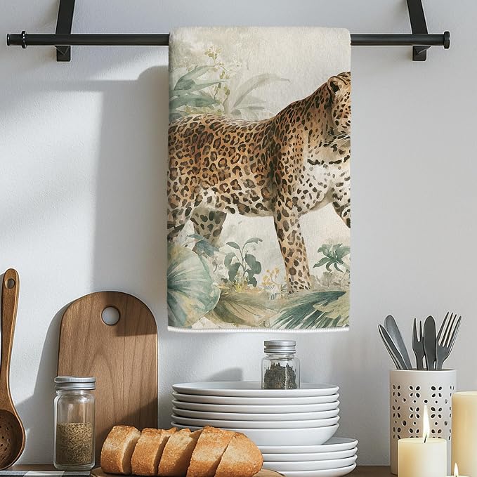 Leopard Kitchen Towels Set of 2, Tropical Naturalistic Tropical Leaves Flowers - Image 6
